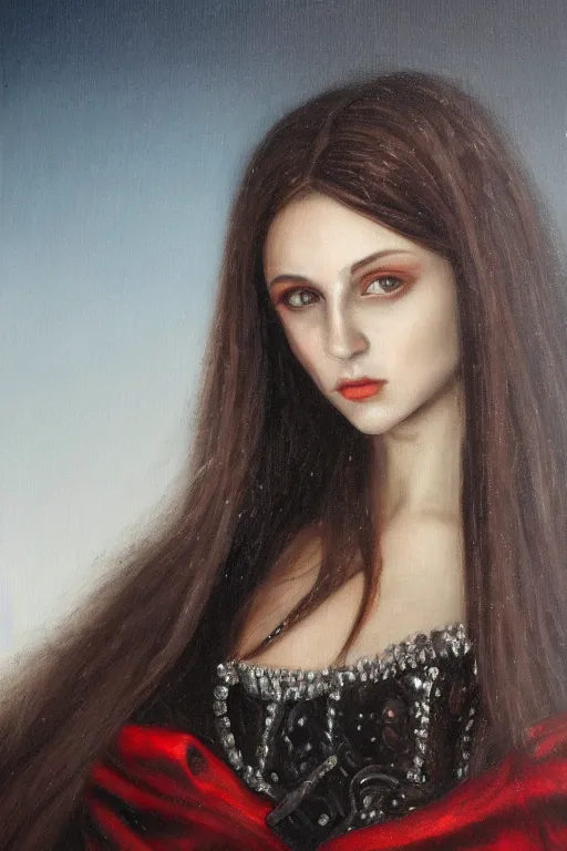 Image similar to hyperrealism oil painting, close - up portrait of european medieval brunette vampire fashion model, knight, steel gradient mixed with nebula sky, in style of baroque