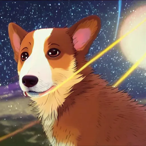 Prompt: a corgi in outer space, sky full of shining stars, intricate, highly detailed, scenic, beautiful, still from an anime by makoto shinkai