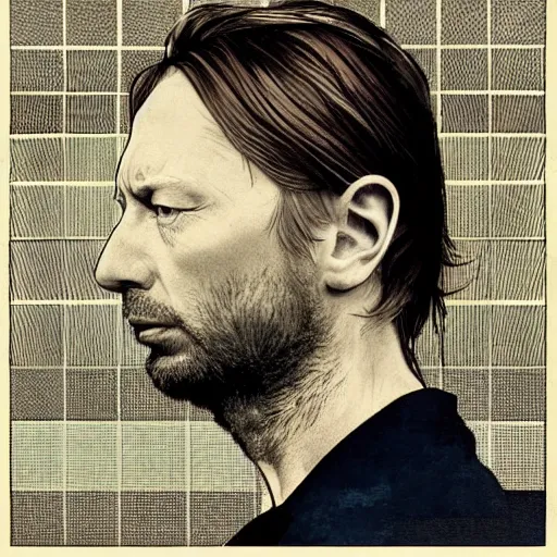 Prompt: hyper realistic portrait of similar version thom yorke shorter hair variations singer songwriter ok computer, ( side ) profile, liminal space, by lee bermejo, alphonse mucha and greg rutkowski