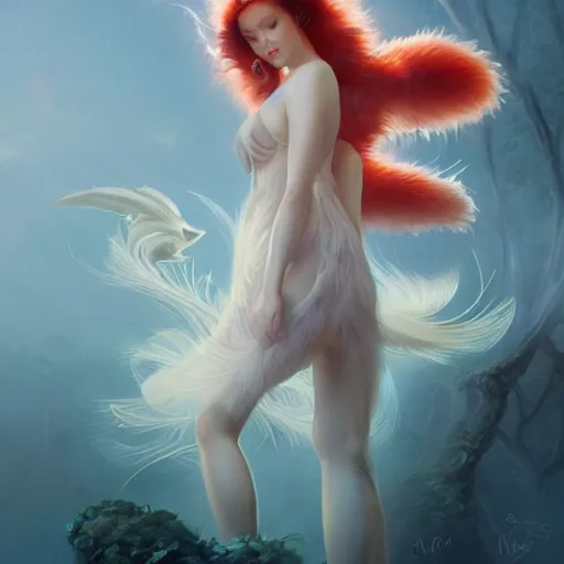 Prompt: prompt A beautiful portrait of a white red orange kumiho, translucent silky dress, a bra in the shape of peacock feathers, close up front view, long clumpy hair in the shape of fox tail, backlit, concept art, matte painting, by Peter Mohrbacher