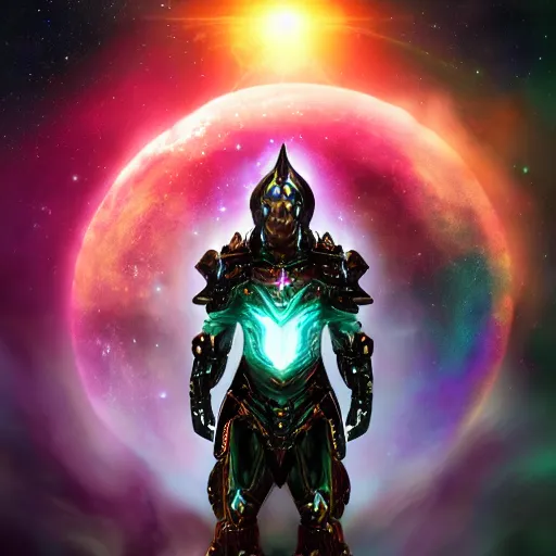 Image similar to photorealistic fantasy cosmic concept art of a cosmic god with armor made out of planets and dark matter, hovering in a unknown galaxy, fully body portrait, cinematic, dynamic lighting, ultra detailed, creative, trending on art station, stunning visuals, creative