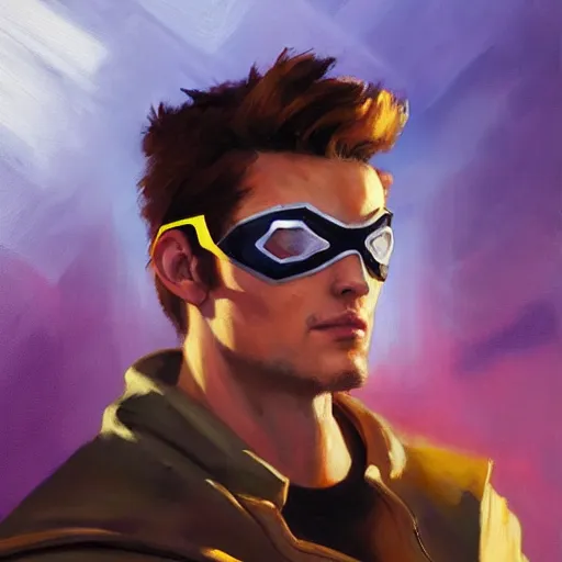 Image similar to greg manchess portrait painting of scott summers aka cyclops as overwatch character, medium shot, asymmetrical, profile picture, organic painting, sunny day, matte painting, bold shapes, hard edges, street art, trending on artstation, by huang guangjian and gil elvgren and sachin teng