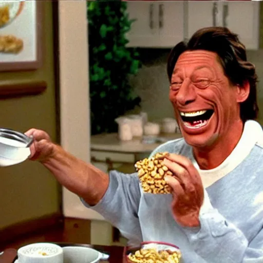 Prompt: jim varney pouring out a box of cereal into a white bowl laughing hard with large buck teeth, award winning cereal commercial