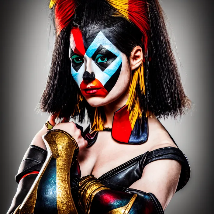 Image similar to full body photo of a real - life very beautiful female harlequin warrior, 8 k, hdr, smooth, sharp focus, high resolution, award - winning photo