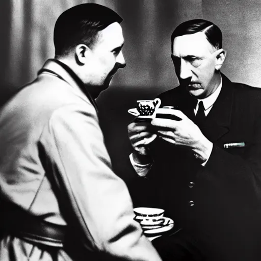 Image similar to a photo of hitler take tea with a muslim, photorealistic, realism, black and white