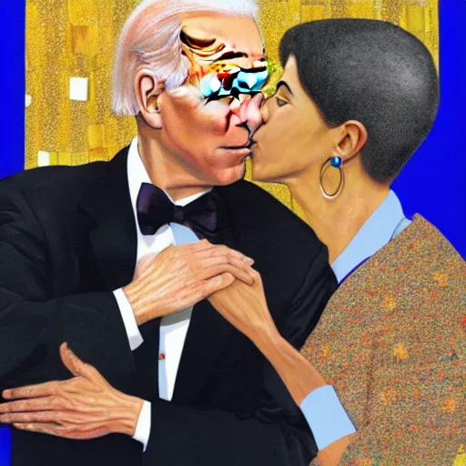 Image similar to Joe Biden kissing Barack Obama in the style of Gustav Klimt