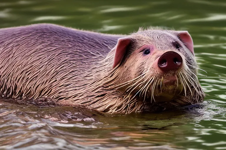 Image similar to a pig sea otter!!! hybrid! hyper realistic!! realistic lighting!! wildlife photographer of the year!!! bold natural colors, national geographic, hd, wide angle, 8 k