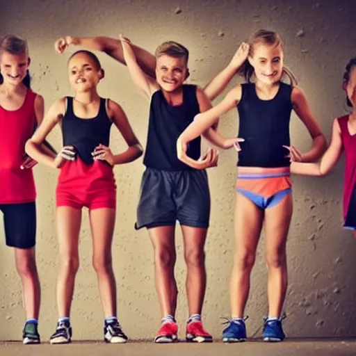 Image similar to 5 girls standing next to 5 boys and the girls are way stronger than the boys, realistic, picture