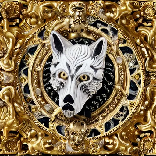 Prompt: wolf skull covered in gold intricate ornaments and jewelry, smoke in the back, chinese ivory sculpture, necroxii style, tarot, extremely high detail, black background