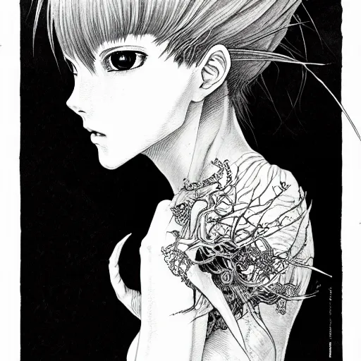 Image similar to prompt: Fragile looking vessel portrait soft light drawn by Vania Zouravliov, inspired by Akira 1988 anime, magical and alchemical weapons, soft light, white background, intricate detail, intricate ink painting detail, sharp high detail, manga and anime 2000