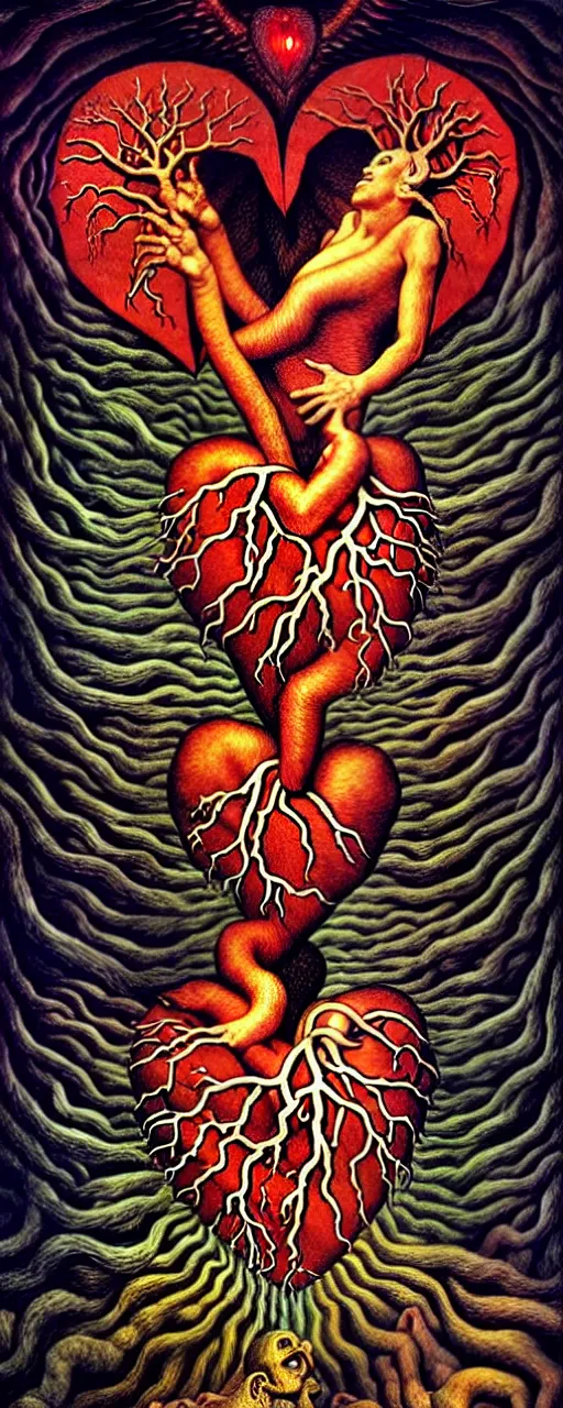 Prompt: mythical creatures and monsters in the visceral anatomical human heart imaginal realm of the collective unconscious, in a dark surreal mixed media oil painting by johfra, mc escher, dramatic lighting from inner fire