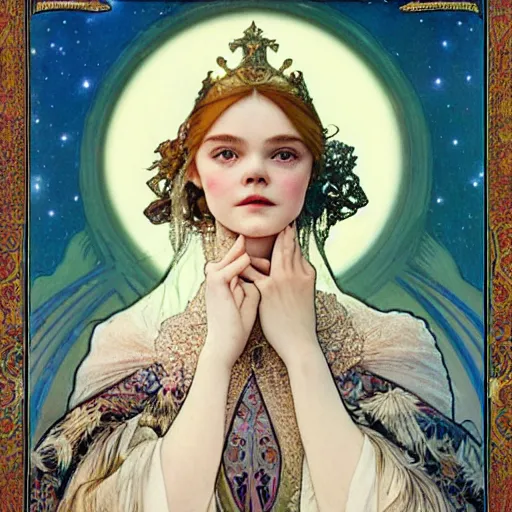 Prompt: elle fanning portrait by louis - theophile hingre and alphonse mucha, realistic, sharp focus, zodiac signs, tarot cards, planets, ethereal, art nouveau, magic, moon, sun, crown, dreamy, royal, jewellery