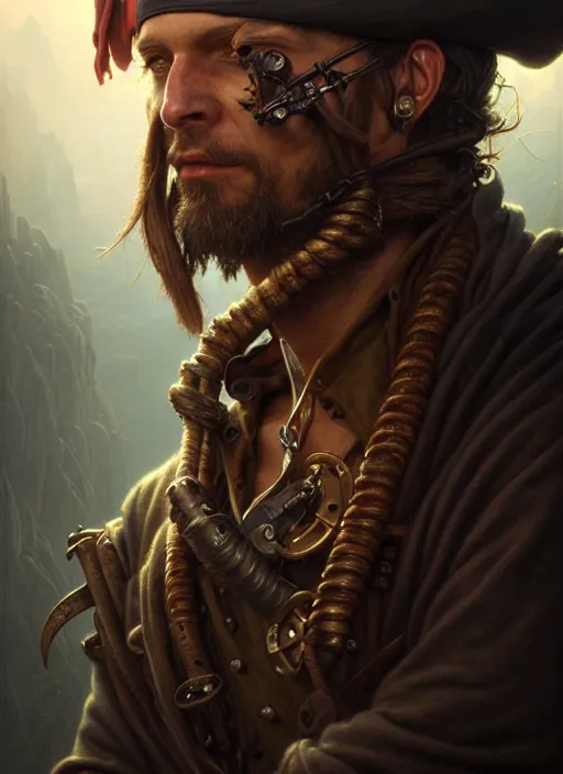 Image similar to closeup portrait shot of a pirate in a scenic dystopian environment, intricate, elegant, highly detailed, centered, digital painting, artstation, concept art, smooth, sharp focus, illustration, artgerm, tomasz alen kopera, peter mohrbacher, donato giancola, joseph christian leyendecker, wlop, boris vallejo