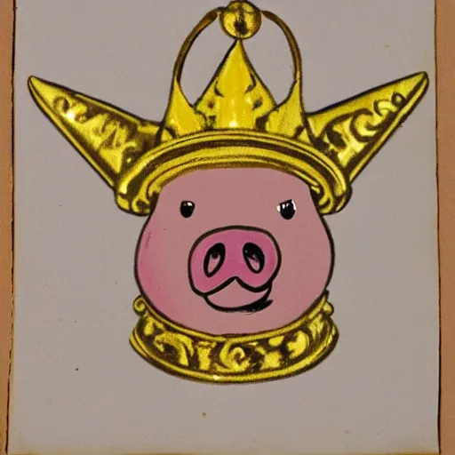 Image similar to a pig wearing a gold crown in the style of Chuck Jones