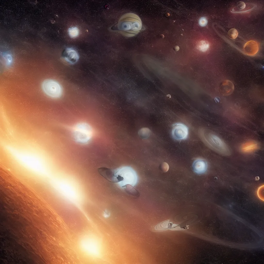 Image similar to galactic space fleet flying in front of a gas giant planet, 8 k resolution