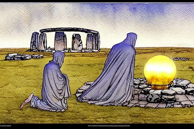 Image similar to a realistic and atmospheric watercolour fantasy concept art of a golden ufo landing on top of stonehenge. a giant medieval monk in grey robes on his knees praying. muted colors. by rebecca guay, michael kaluta, charles vess and jean moebius giraud