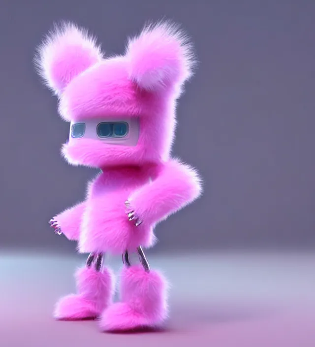 Image similar to high quality 3 d render hyperrealistic very cute small pink robot, plush mascot, short spiky dense fluffy smooth hair, photo from the side, pink fluffy fur, 1 5 0 mm, beautiful natural soft light, rim light, smooth background, artstation, ultra detailed, elegant, ultra detailed, metallic armor, octane render