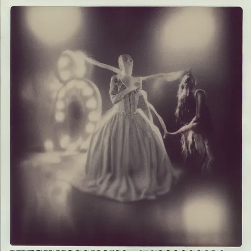 Image similar to polaroid of a surreal artsy dream scene, weird costumes, circus, double exposure