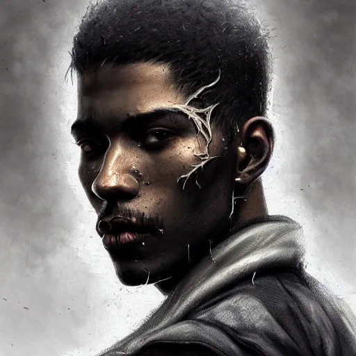 Image similar to portrait painting of a beautiful black man with blade scars and cropped hair wearing a tattered grey coat, ultra realistic, concept art, intricate details, eerie, highly detailed, photorealistic, octane render, 8 k, unreal engine. art by artgerm and greg rutkowski and charlie bowater and magali villeneuve and alphonse mucha