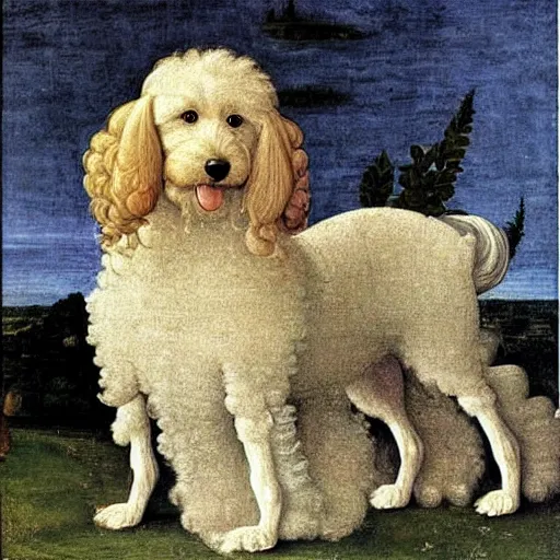 Image similar to portrait of a white labrododdle dog with curly white fur as an italian queen, painting by botticelli, 1 4 8 0 s