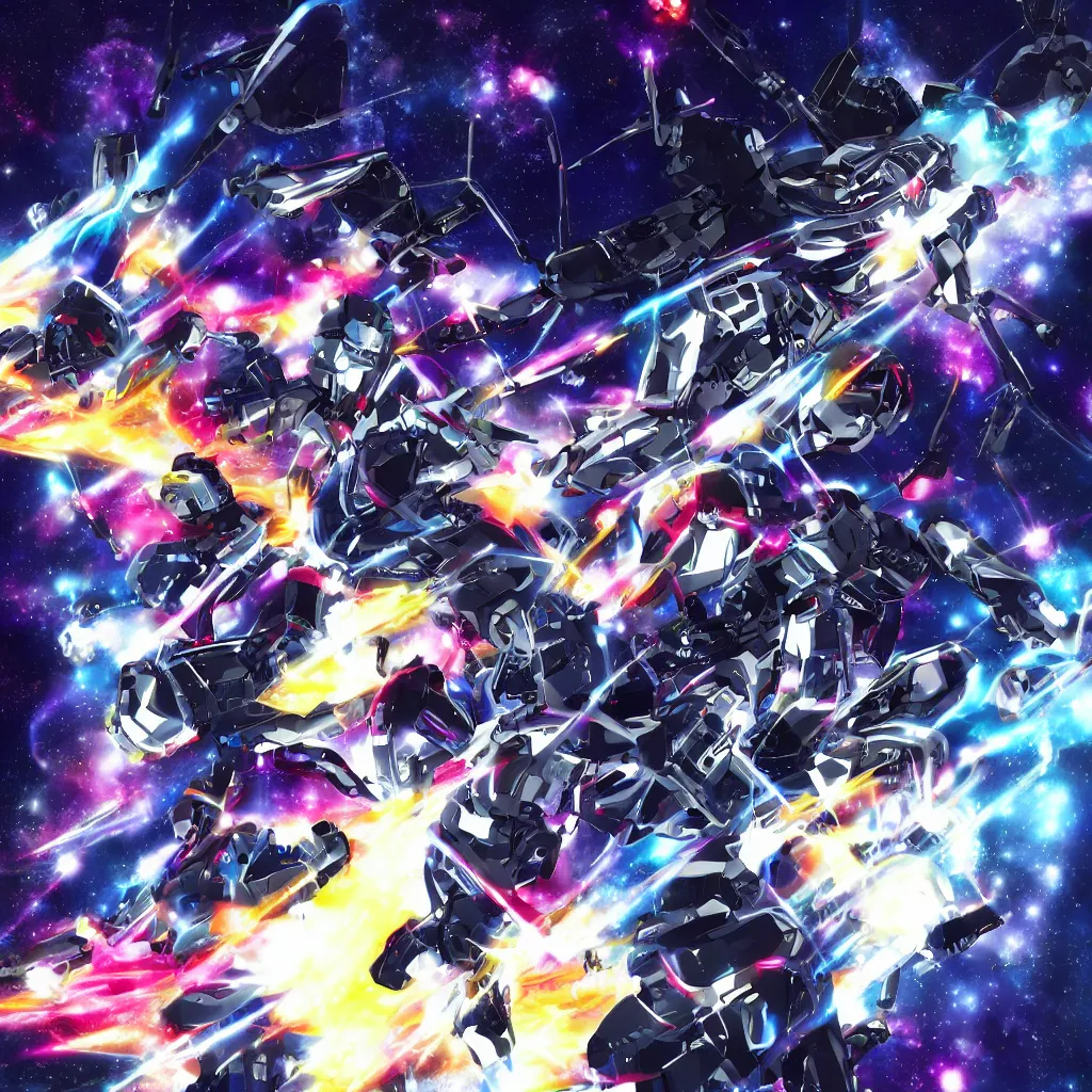 Image similar to a cybernetic nightmare stars, blinding explosions, beeple geiger falling into an event horizon with tetsuya and kansuke yomamato