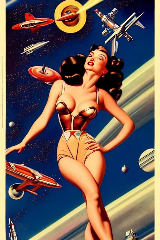 Image similar to beautiful megan fox retro space varga girl riding a rocket in a diesel punk city, windblown dark hair, retro pinup model, seductive, 1 9 4 0, glamour pose, intricate, smoke, hyper detailed, digital art, smooth, sharp focus, alberto vargas, gil elvgren, greg rutkowski, propaganda poster