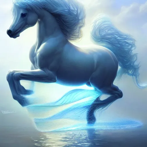 Image similar to a fantastical translucent small horse made of water and foam, ethereal, noble, radiant, hyperalism, scottish folklore, digital painting, artstation, concept art, smooth, 8 k frostbite 3 engine, ultra detailed, art by artgerm and greg rutkowski and magali villeneuve