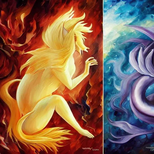 Image similar to ninetales the pokemon by arthur adams, charlie bowater, leonid afremov, chiho ashima, karol bak, david bates, tom chambers