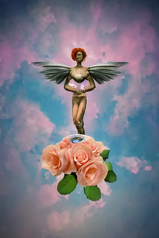 Prompt: milky crystal quartz eyeballs with wings. peach roses, background heavenly sky by basquiat, Trending on artstation. halo. octane render, cinematic, hyper realism, octane render, 8k, depth of field, 3D