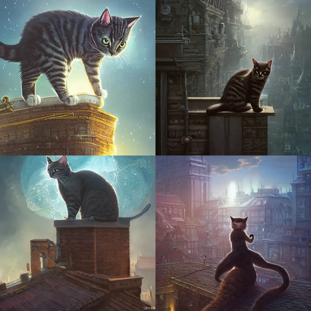 Prompt: a cat standing on the rooftop, fantasy, illustration, intricate, epic lighting, cinematic composition, hyper realistic, 8 k resolution, unreal engine 5, by artgerm, tooth wu, dan mumford, beeple, wlop, rossdraws, james jean, andrei riabovitchev, marc simonetti, yoshitaka amano, artstation