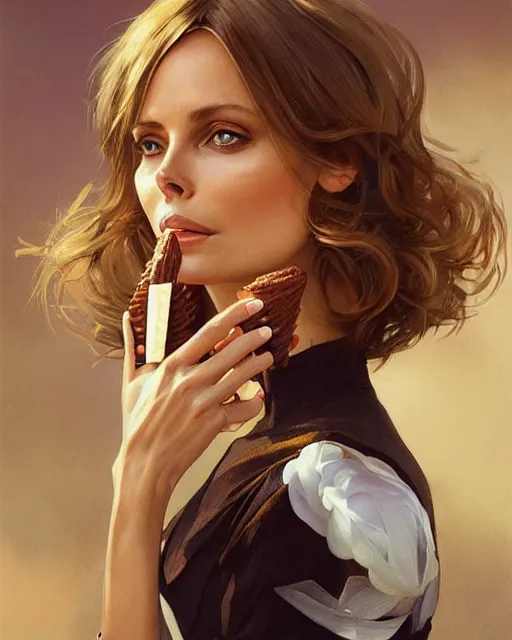 Image similar to Portrait of Barbara Bach from the bond film eating ice creams in Porto,real life skin, intricate, elegant, highly detailed, artstation, concept art, smooth, sharp focus, art by artgerm and greg rutkowski and alphonse mucha