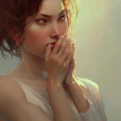 Image similar to a beautiful crying woman, highly detailed, digital painting, artstation, concept art, smooth, sharp, focus, illustration, art by artgerm and greg rutkowski and alphonse mucha