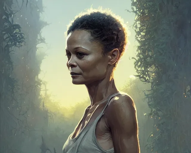 Image similar to highly detailed portrait of thandie newton in the walking dead, stephen bliss, unreal engine, fantasy art by greg rutkowski, loish, rhads, ferdinand knab, makoto shinkai and lois van baarle, ilya kuvshinov, rossdraws, tom bagshaw, global illumination, radiant light, detailed and intricate environment