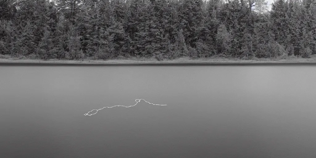 Image similar to centered subjected photograph of a long infinite rope snaking across the surface of the water, stretching out towards the center of the lake, a dark lake on a cloudy day, trees in the background, anamorphic lens