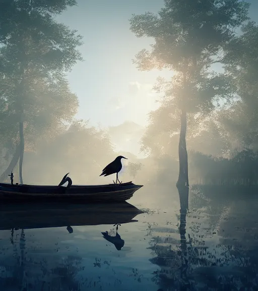 Image similar to three humanswith a reflection of three crows in a boat in a swamp, volumetric lighting, fog, majestic light, octane render, ethereal glare of the sun, hyperrealistic, epic, masterpiece, by makoto shinkai