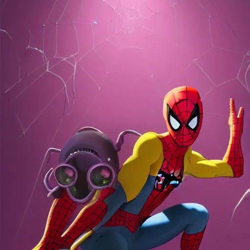 Image similar to spiderman with pink suit and yellow glowing eyes, and alien ears, anime cinema photorealistic beautiful cinematic world of chrono trigger in the style of studio ghibli. hyperdetailed photorealism, 1 0 8 megapixels, amazing depth, glowing rich colors, powerful imagery, psychedelic overtones, 3 d finalrender, 3 d shading, cinematic lighting, artstation concept art