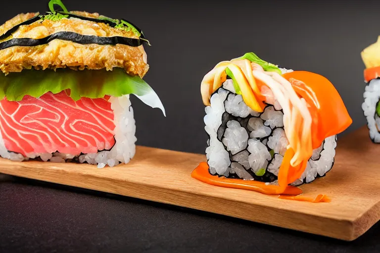 Prompt: sushi hamburger, commercial photography