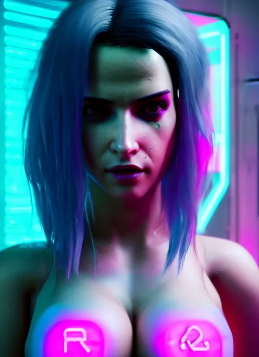 Prompt: half - body portrait of cyberpunk 2 0 7 7 young woman, frank latex mini dress, big breasts push up top, beautiful face, face implants glowing neon, short pink hair, foggy background, extremely detailed, heavy grain, 5 0 mm bokeh, rtx reflections, unreal engine, octane render, art by artgerm and greg rutkowski and magali villeneuve