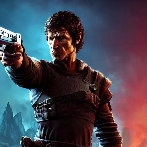 Prompt: todd howard with a pistol, forcing you to buy skyrim, threatening, sharp, cinematic, colorful, digital art, neon, bright, cyberpunk, blade runner 2 0 4 9, realism, bold