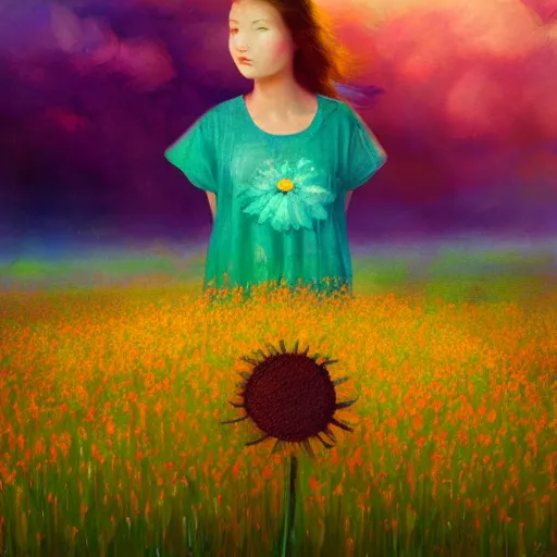 Prompt: giant daisy flower face, girl standing in a flower field, surreal photography, sunrise dramatic light, impressionist painting, colorful clouds, digital painting, artstation, simon stalenhag, flower face