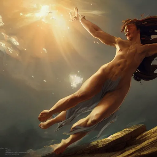 Prompt: Icarus falling from the sky, dramatic light, highly detailed, digital painting, cgsociety , concept art, sharp focus, illustration, art by artgerm and greg rutkowski and alphonse mucha