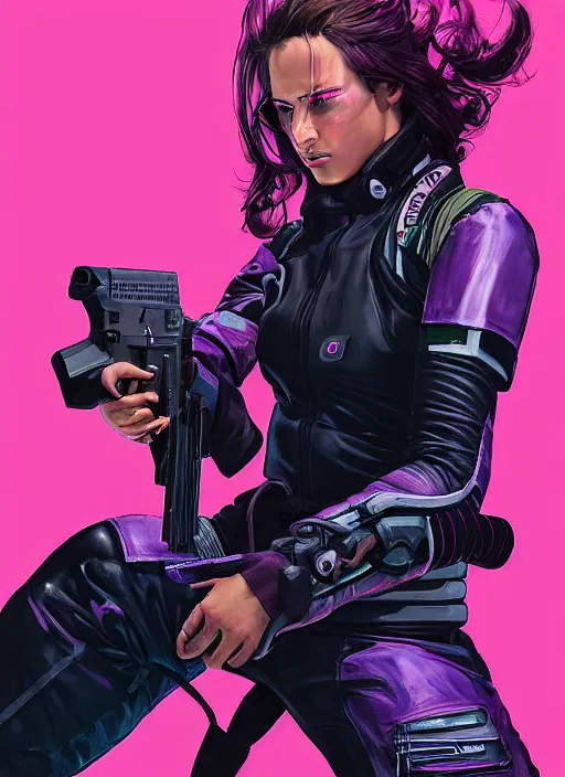 Image similar to beautiful cyberpunk female athlete wearing pink jumpsuit and black jacket while firing a futuristic red belt fed automatic pistol. ad poster for pistol. cyberpunk poster by james gurney, azamat khairov, and alphonso mucha. artstationhq. gorgeous face. painting with vivid color, cell shading. ( rb 6 s, cyberpunk 2 0 7 7 )