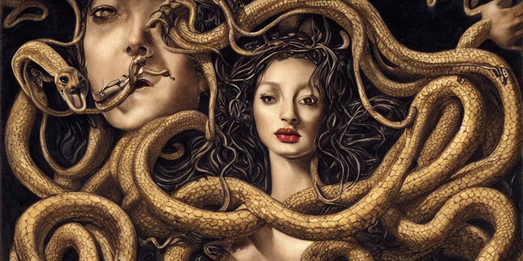 Image similar to realistic portrait of beautiful medusa with her snakes, golden, delicate, facing camera, hyper realism, 1 4 5 0, ink, ultra realistic, 8 k