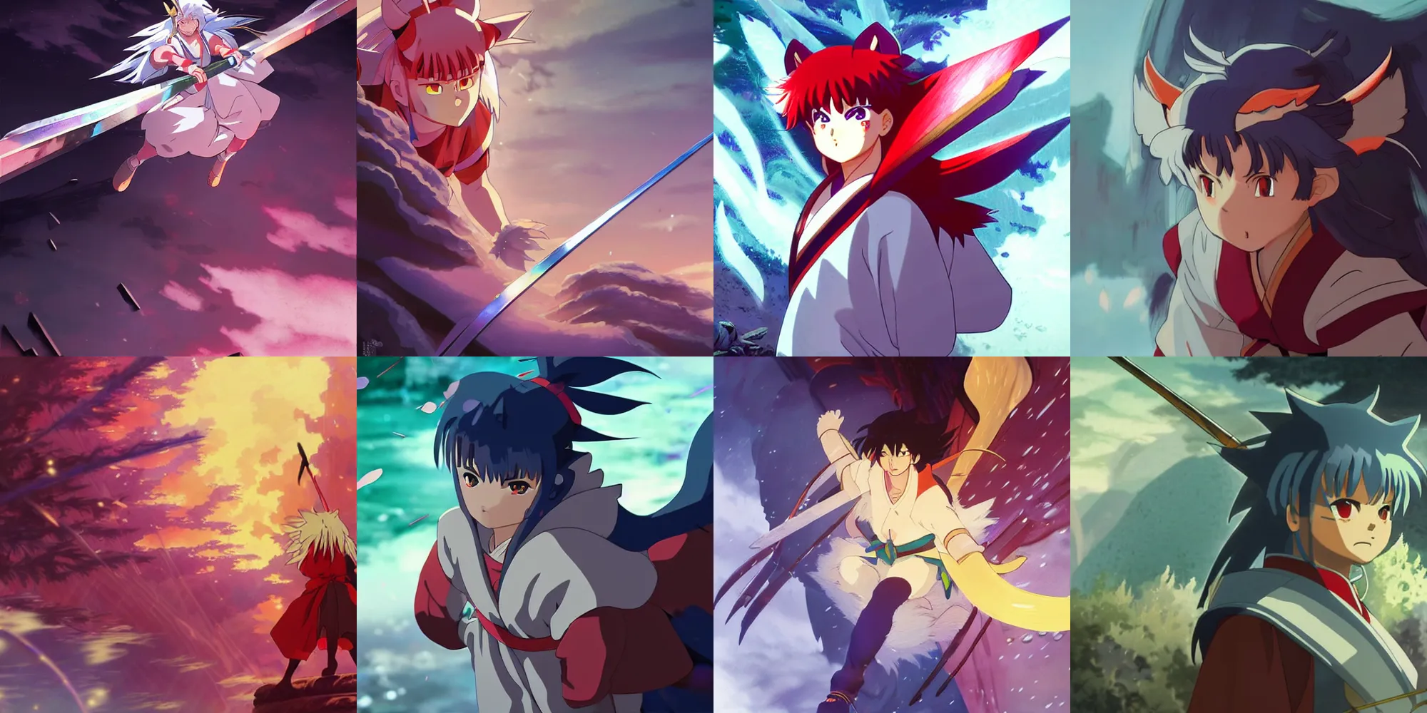 Prompt: inuyasha. hq glistening beautiful colors, rich moody atmosphere, reflections specular highlights, megastructure realistic detailed background, brandishing iridescent cosmic weapons, colourful 3 d crystals, dark ominous jagged sharp steel gritty armor, makoto shinkai greg rutkowski matte portrait animation