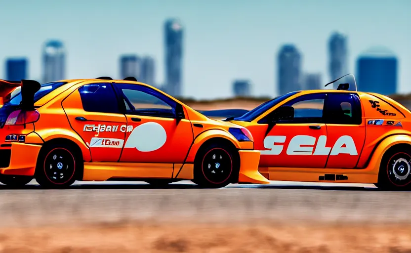 Image similar to photograph of a cell-shaded orange itasha Honda EK9 Type-R, speeding on a desert road with a futuristic city in the horizon, kicking up dirt, action shot, one point perspective, 1-point perspective, sigma 85mm f/1.4, 4k, depth of field, high resolution, 4k, 8k, hd, full color