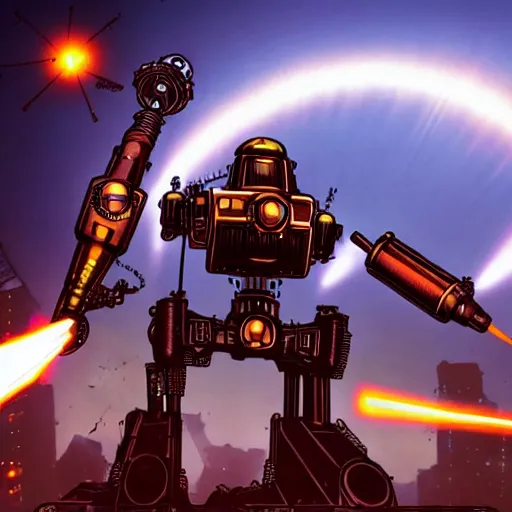 Image similar to A wide-angle photograph of a steampunk-style mech with machine guns, rocket launchers, and lasers towering over a city