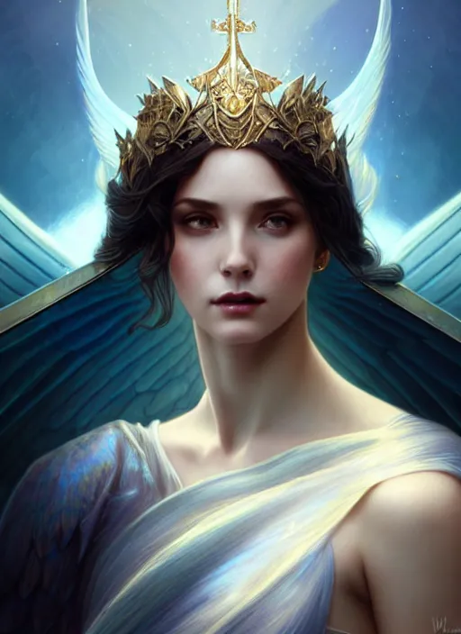 Image similar to a beautiful cinematic female archangel queen, fantasy sea landscape, fantasy magic, short aqua blue black fade hair, dark light night, intricate, elegant, sharp focus, illustration, highly detailed, digital painting, concept art, matte, art by WLOP and Artgerm and Greg Rutkowski and Alphonse Mucha, masterpiece