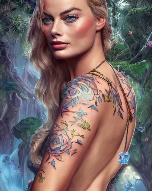 Prompt: Margot robbie as a beautiful tattooed female maid wearing a magical bikini in a magical forest, highly detailed face, realistic face, piercing gaze, fantasy art, in the style of artgerm, illustration, epic, fantasy, intricate, hyper detailed, artstation, concept art, smooth, sharp focus, ray tracing, vibrant