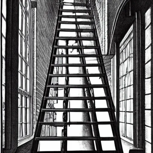 Prompt: maurits cornelis escher, ladder, height detailed