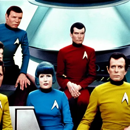 Image similar to the band queen sitting on the bridge of the enterprise in star trek, film still, 1 9 6 0 s, very colorful